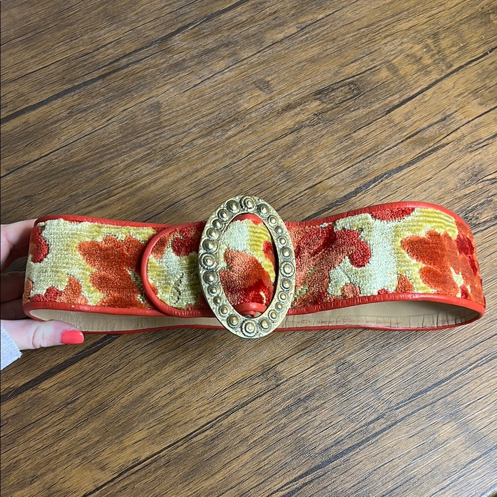 Vintage Velvet Chunky Floral Patterned Belt with Brass Buckle- 0/2 XS